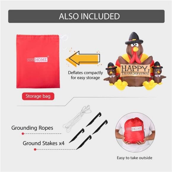 6ft Height Happy Thanksgiving Inflatable LED Lighted Turkey Family - Picture 4 of 7